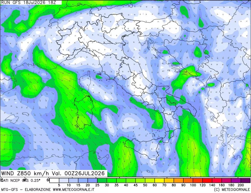 mappa 850 hPa Vento forza e direzione
