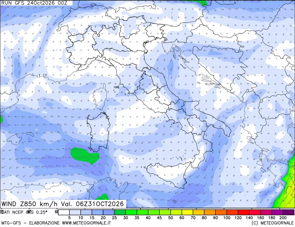mappa 850 hPa Vento forza e direzione