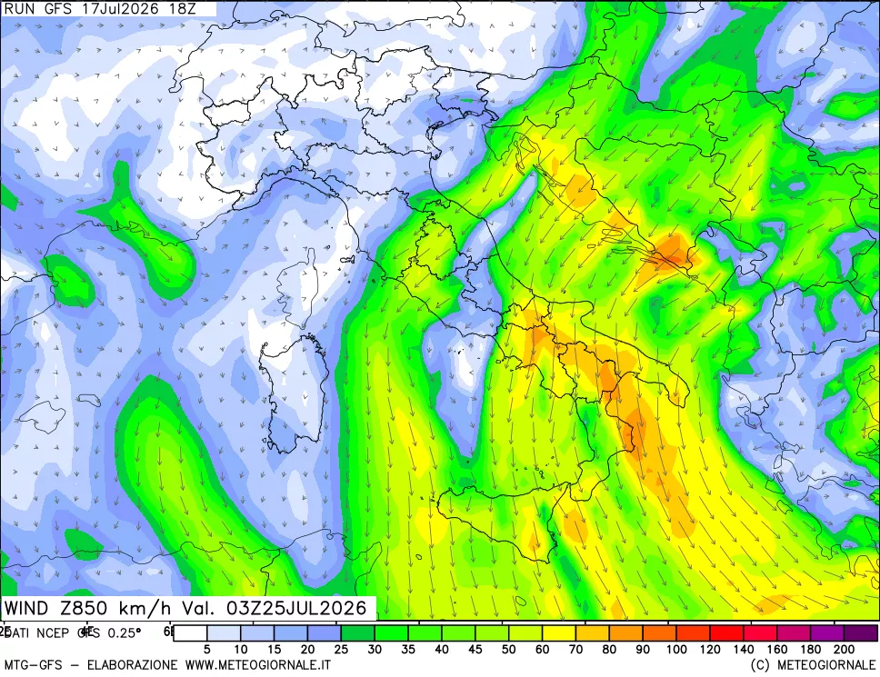 mappa 850 hPa Vento forza e direzione