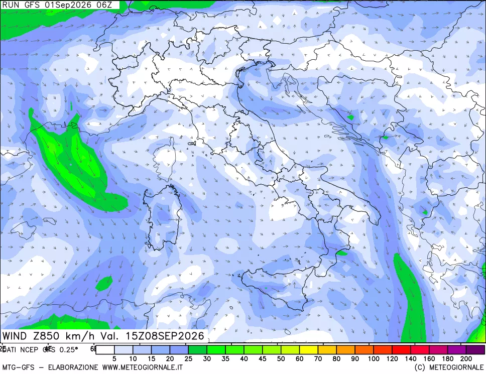 mappa 850 hPa Vento forza e direzione