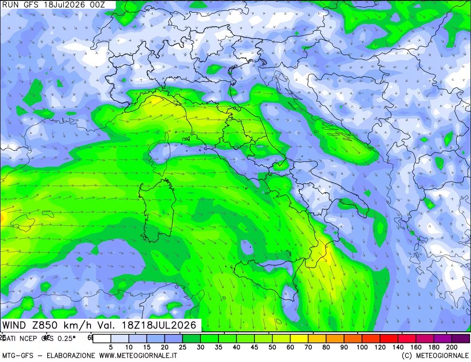 mappa 850 hPa Vento forza e direzione