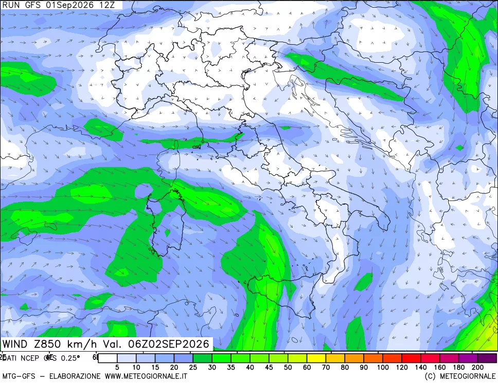 mappa 850 hPa Vento forza e direzione