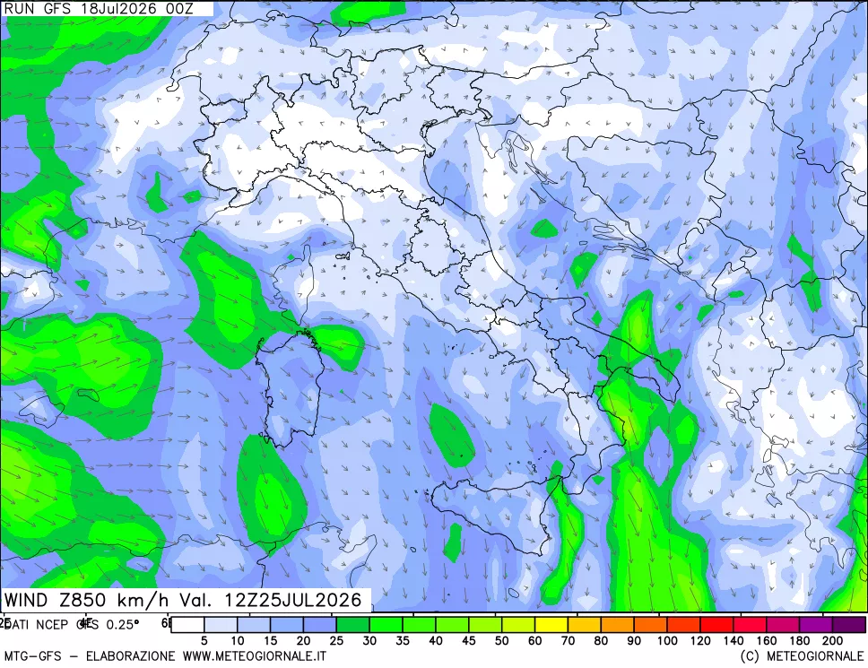 mappa 850 hPa Vento forza e direzione