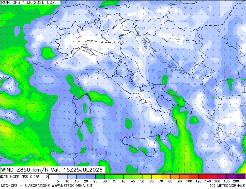 mappa 850 hPa Vento forza e direzione