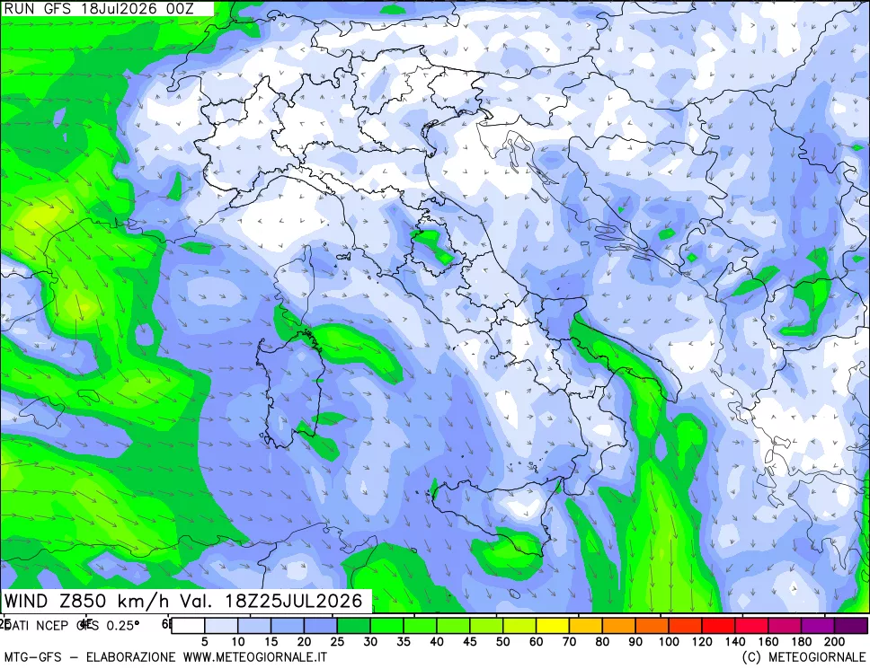 mappa 850 hPa Vento forza e direzione