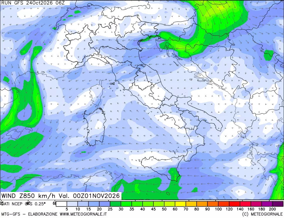 mappa 850 hPa Vento forza e direzione