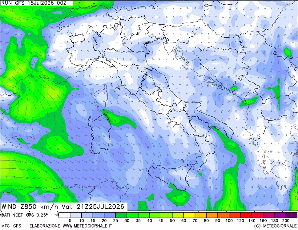 mappa 850 hPa Vento forza e direzione