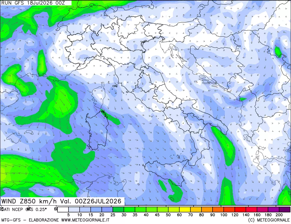 mappa 850 hPa Vento forza e direzione