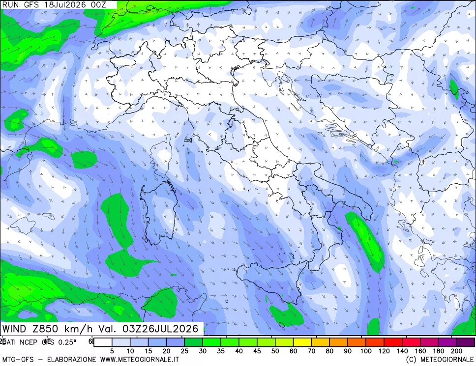 mappa 850 hPa Vento forza e direzione