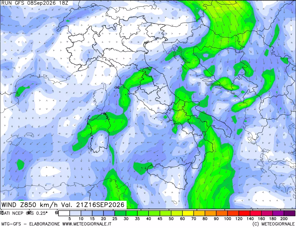mappa 850 hPa Vento forza e direzione