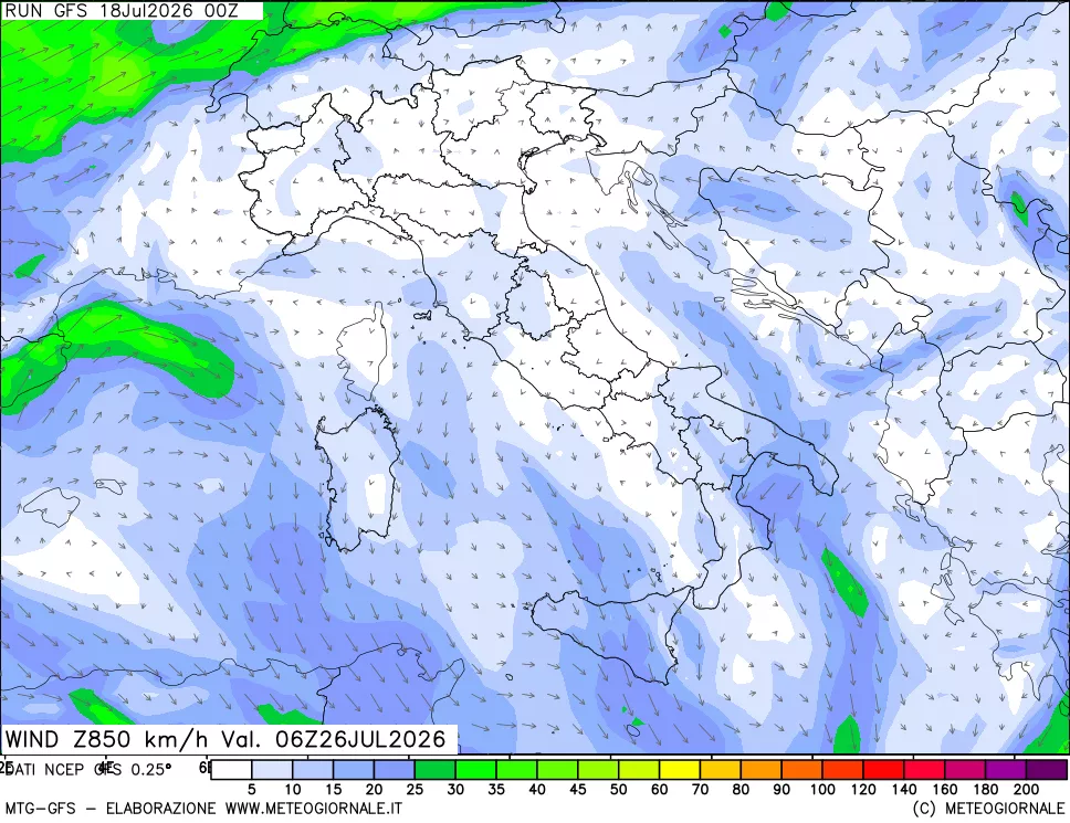mappa 850 hPa Vento forza e direzione