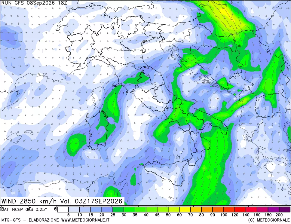 mappa 850 hPa Vento forza e direzione