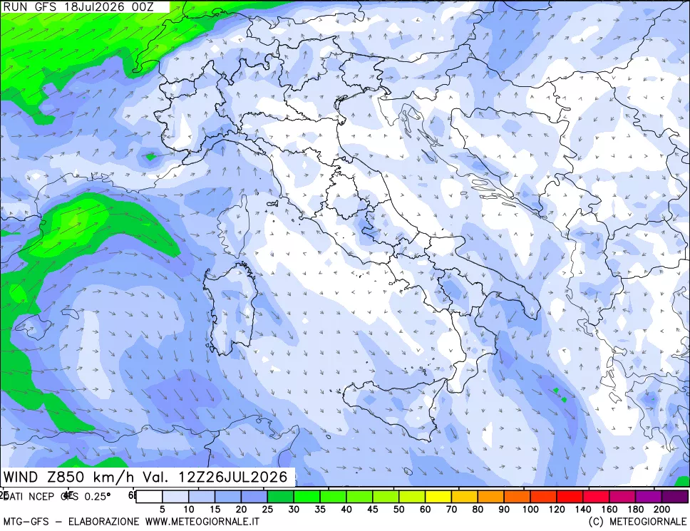 mappa 850 hPa Vento forza e direzione