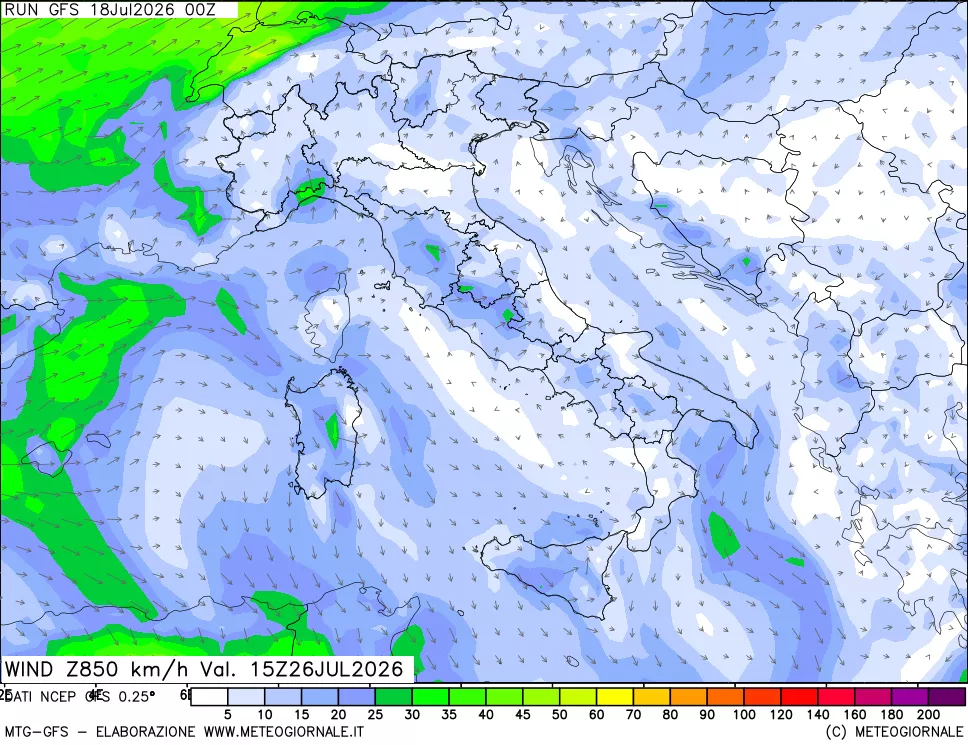 mappa 850 hPa Vento forza e direzione