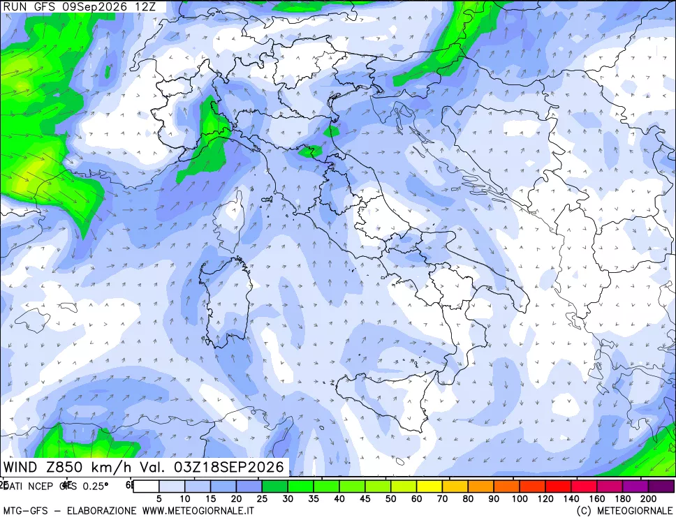 mappa 850 hPa Vento forza e direzione