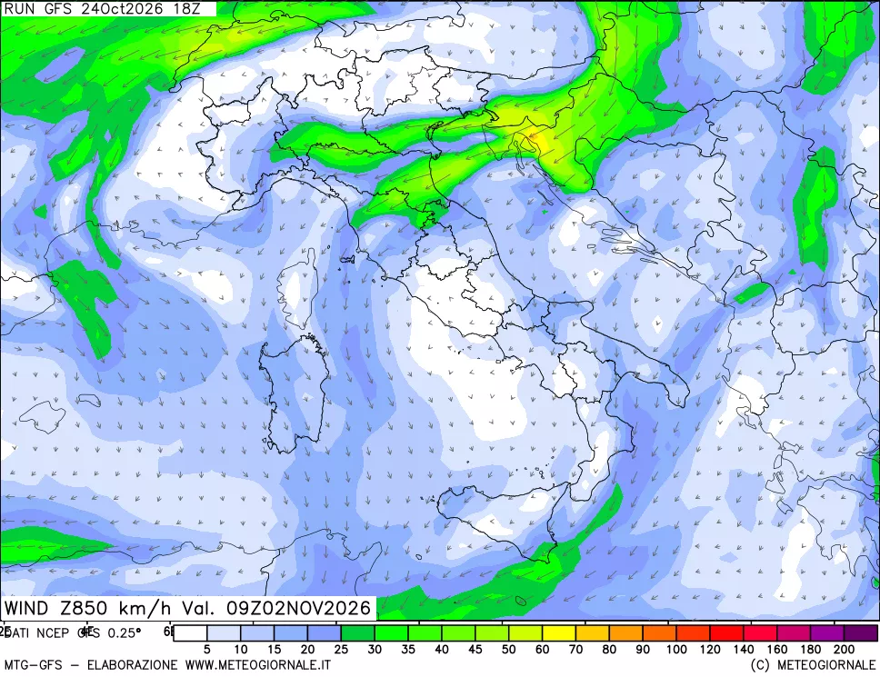 mappa 850 hPa Vento forza e direzione
