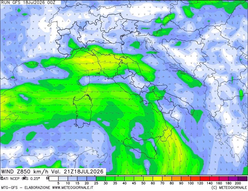 mappa 850 hPa Vento forza e direzione