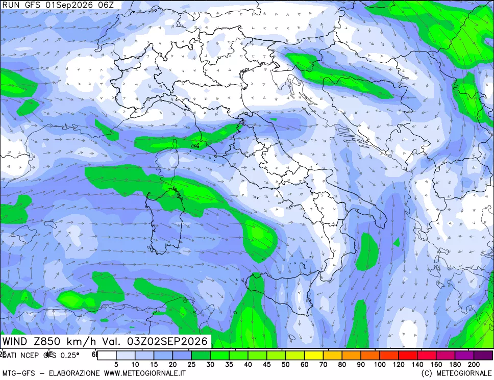 mappa 850 hPa Vento forza e direzione