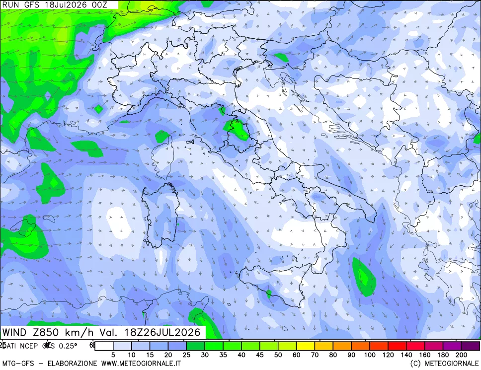mappa 850 hPa Vento forza e direzione