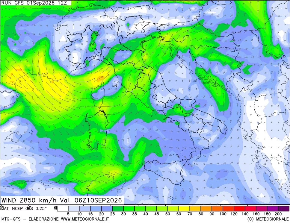 mappa 850 hPa Vento forza e direzione