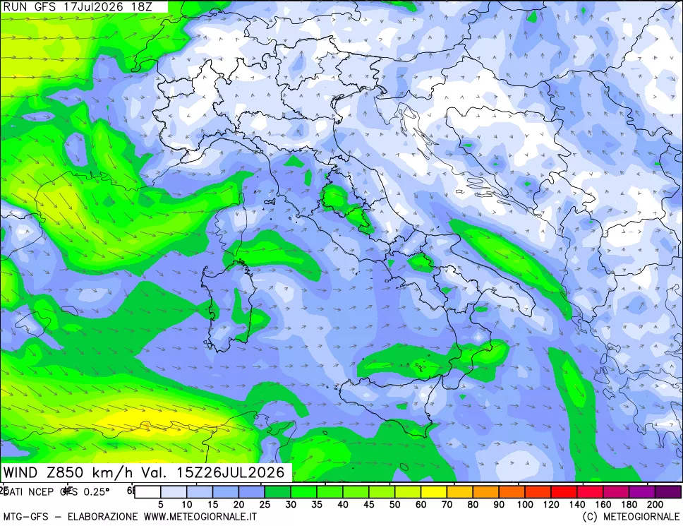 mappa 850 hPa Vento forza e direzione