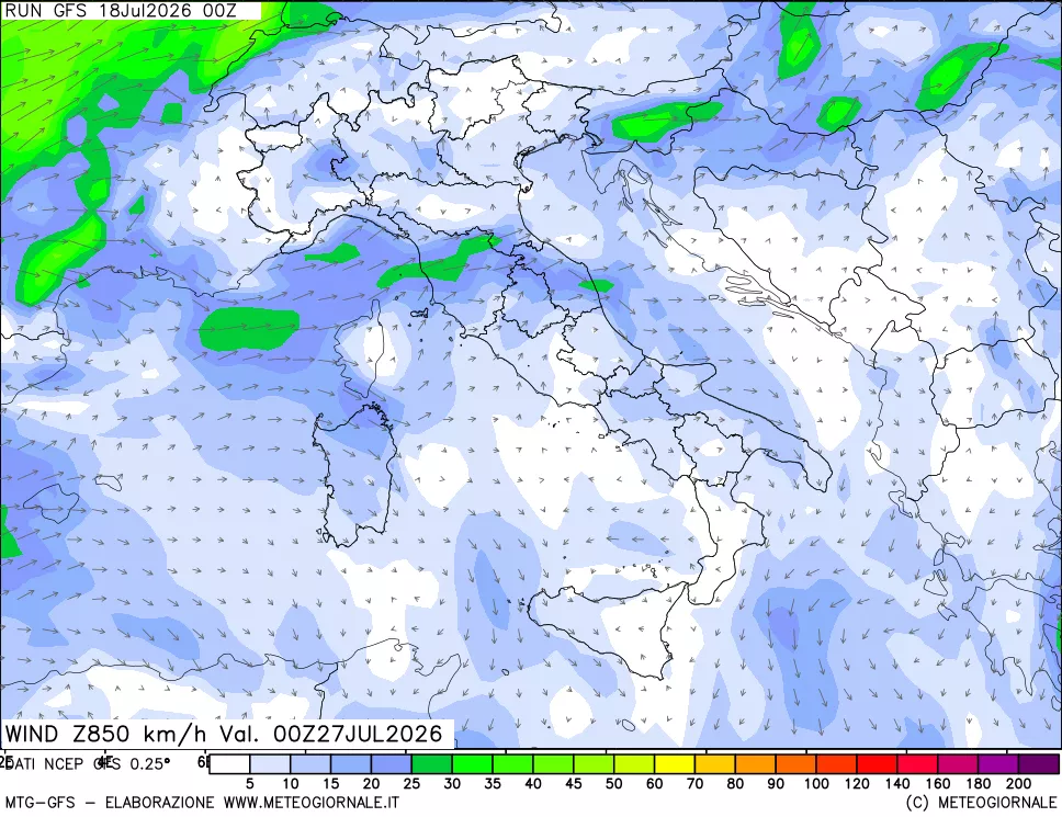 mappa 850 hPa Vento forza e direzione