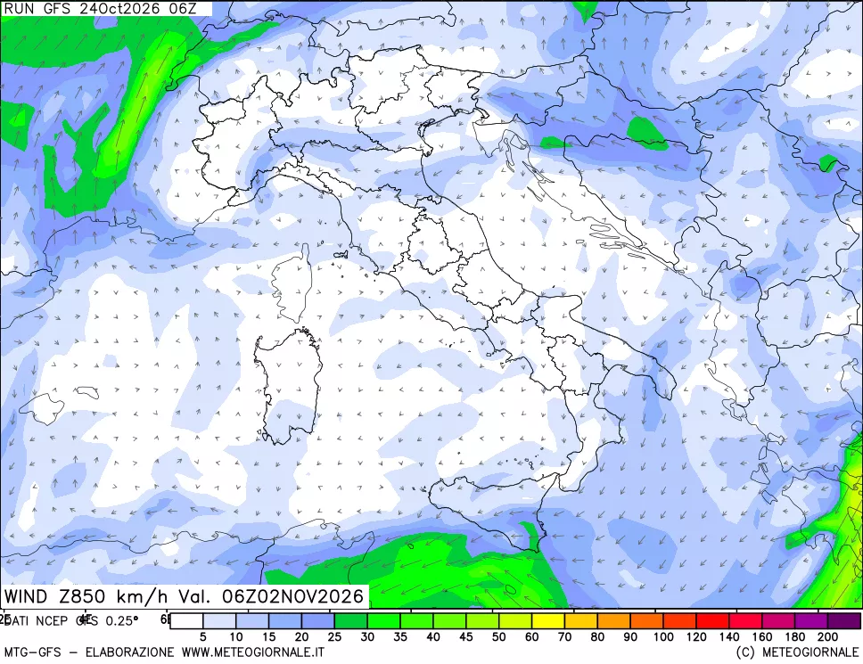 mappa 850 hPa Vento forza e direzione