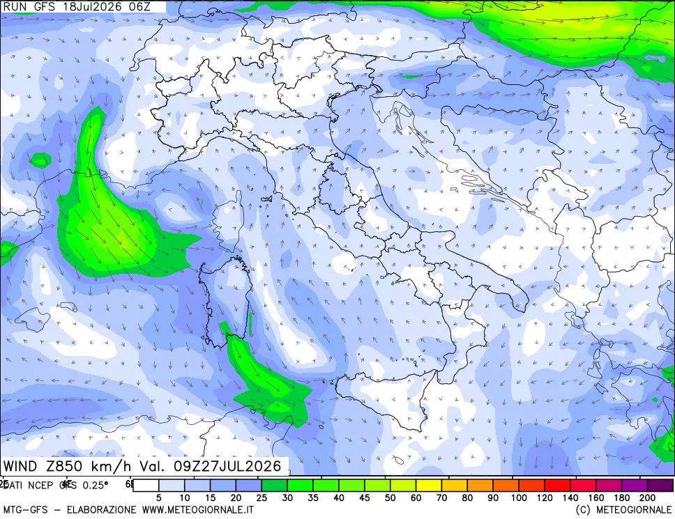 mappa 850 hPa Vento forza e direzione