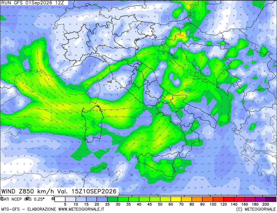 mappa 850 hPa Vento forza e direzione
