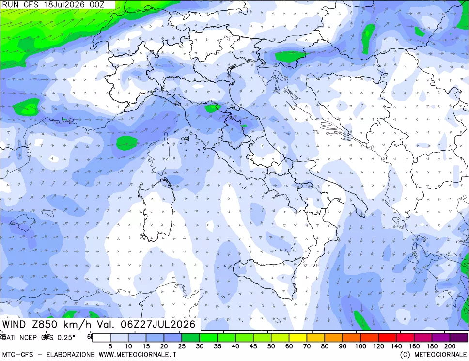 mappa 850 hPa Vento forza e direzione