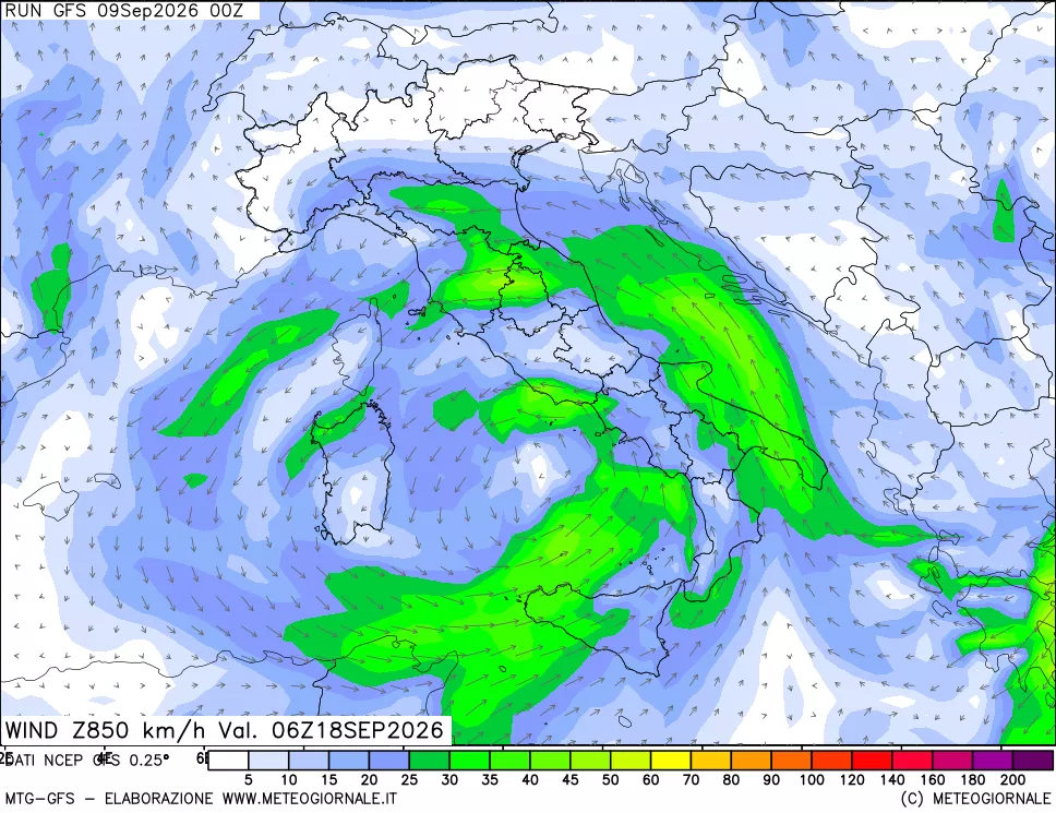 mappa 850 hPa Vento forza e direzione