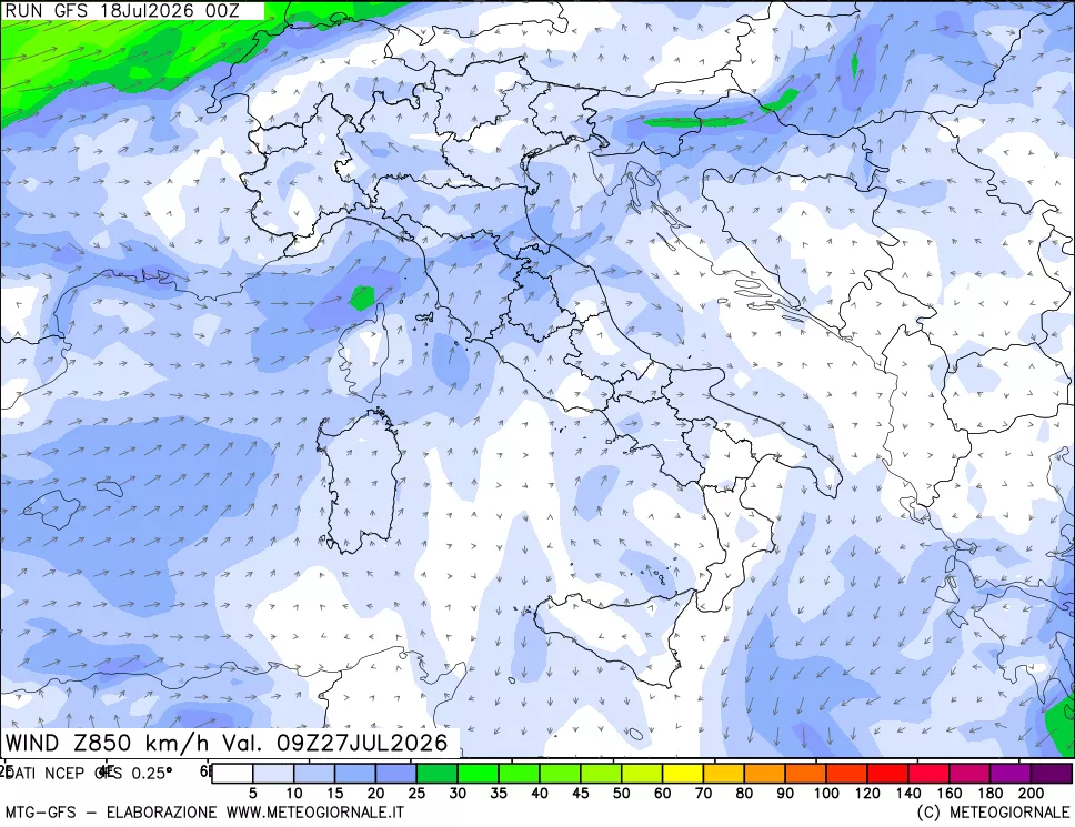 mappa 850 hPa Vento forza e direzione