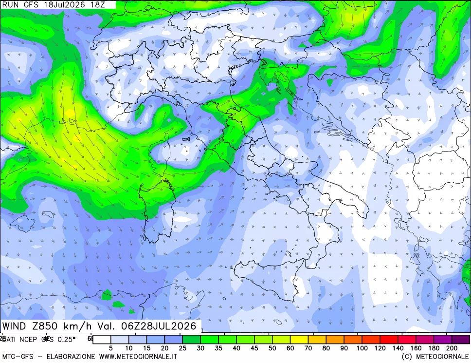 mappa 850 hPa Vento forza e direzione