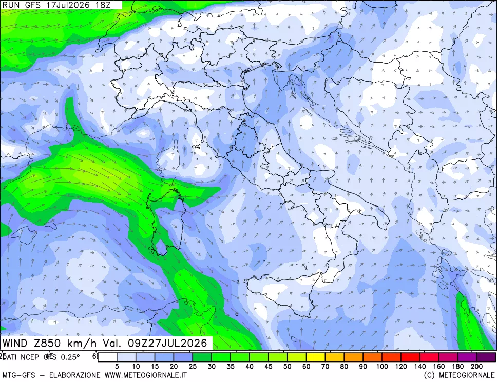 mappa 850 hPa Vento forza e direzione