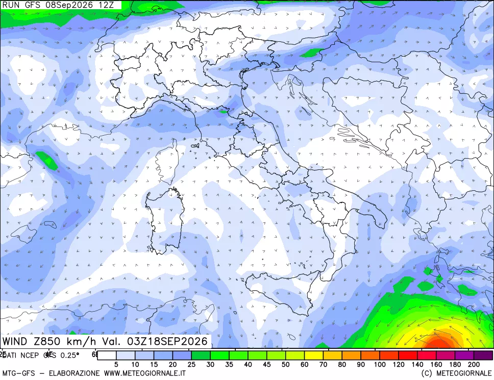 mappa 850 hPa Vento forza e direzione