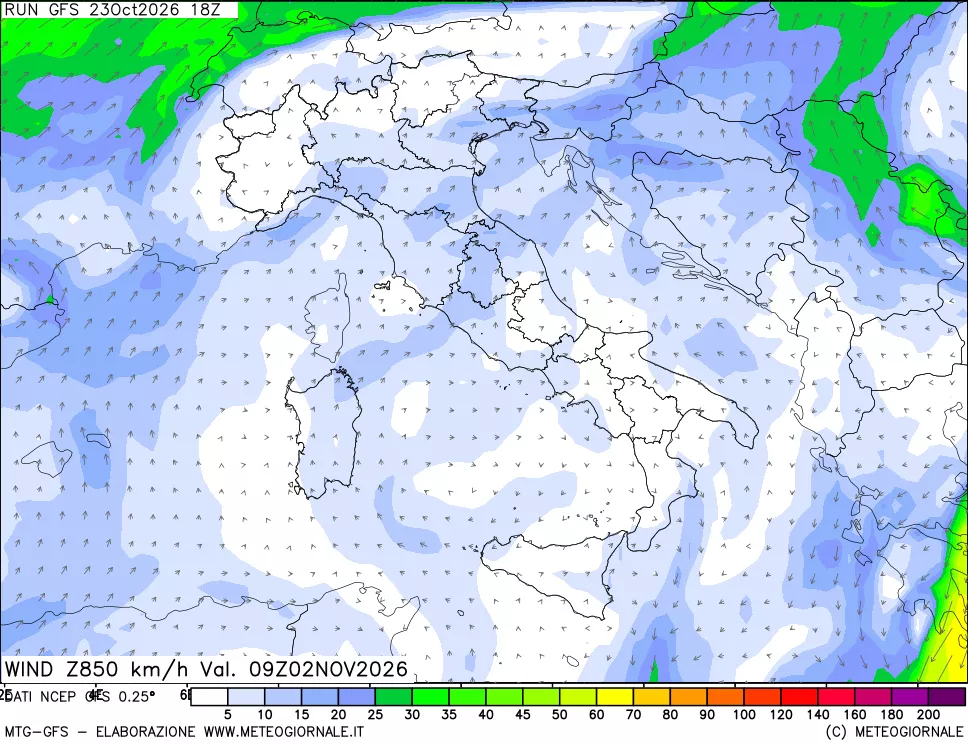 mappa 850 hPa Vento forza e direzione