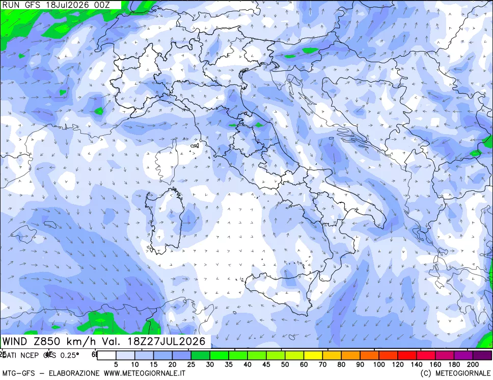 mappa 850 hPa Vento forza e direzione