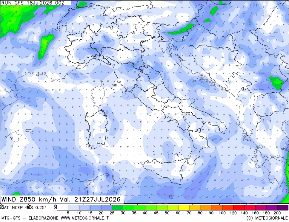 mappa 850 hPa Vento forza e direzione
