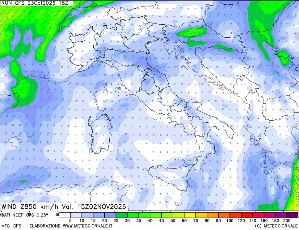 mappa 850 hPa Vento forza e direzione