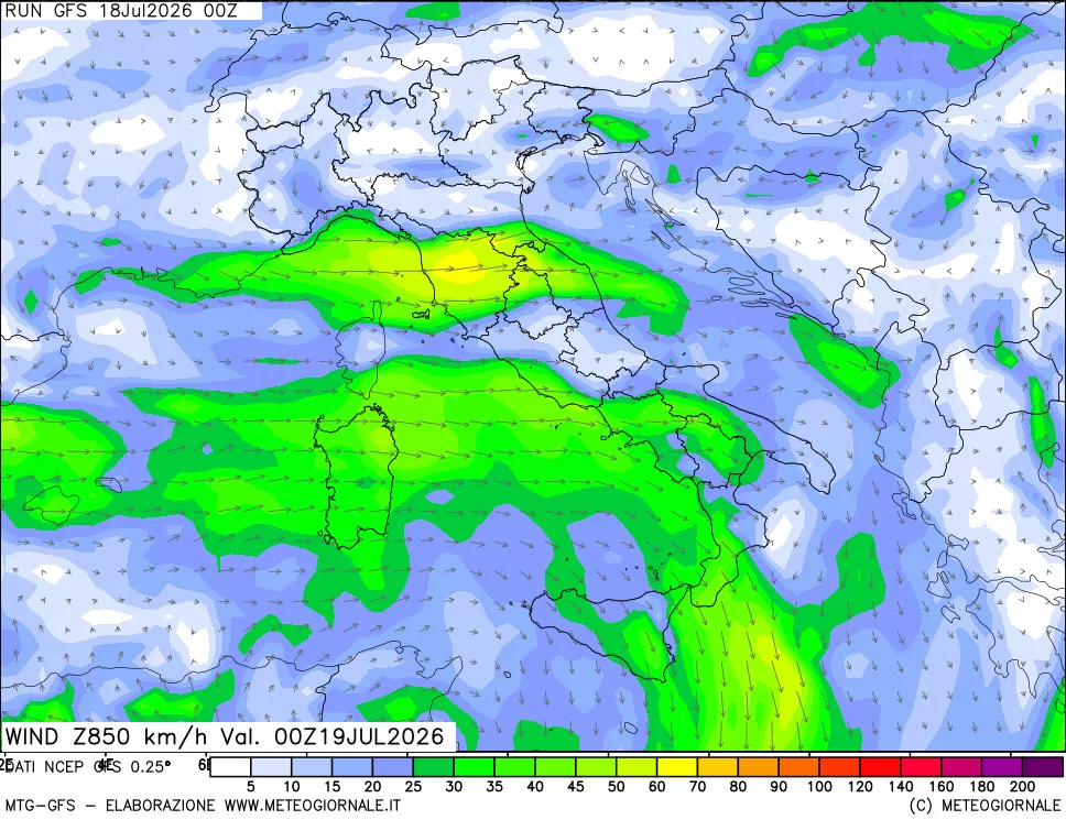 mappa 850 hPa Vento forza e direzione
