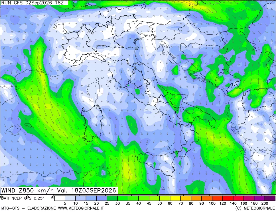 mappa 850 hPa Vento forza e direzione