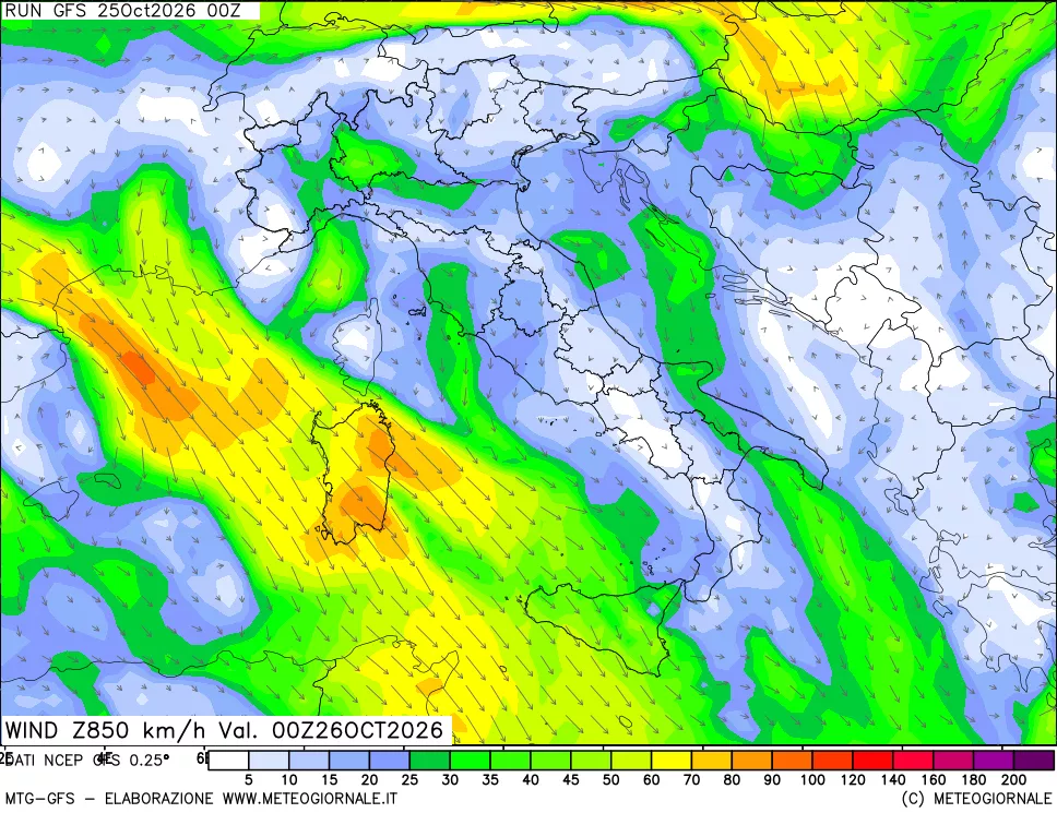 mappa 850 hPa Vento forza e direzione