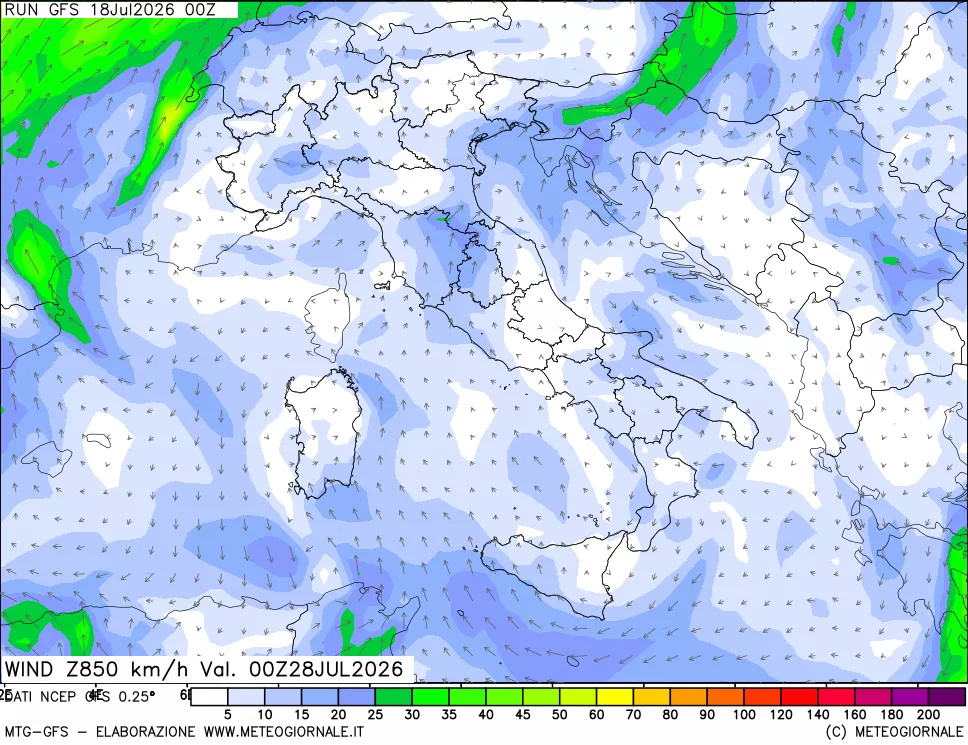 mappa 850 hPa Vento forza e direzione