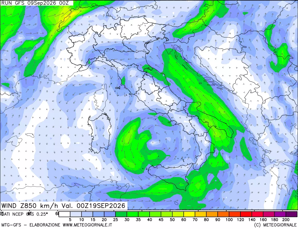 mappa 850 hPa Vento forza e direzione