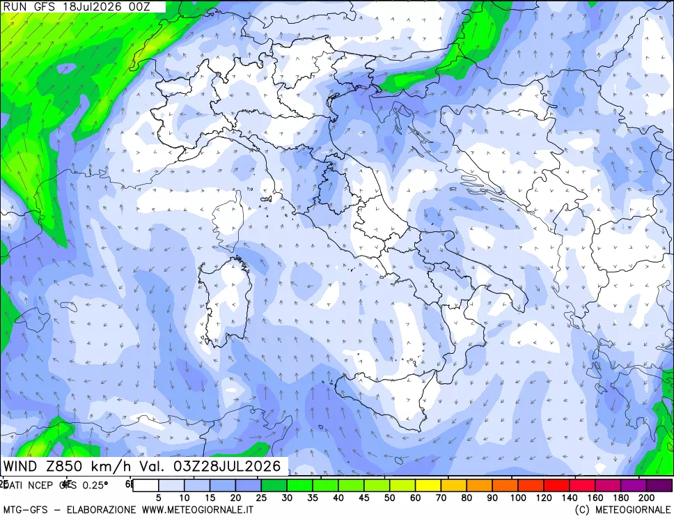mappa 850 hPa Vento forza e direzione