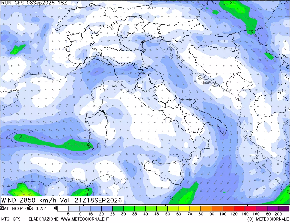 mappa 850 hPa Vento forza e direzione