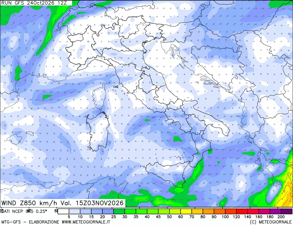 mappa 850 hPa Vento forza e direzione