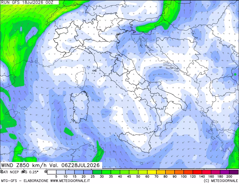 mappa 850 hPa Vento forza e direzione