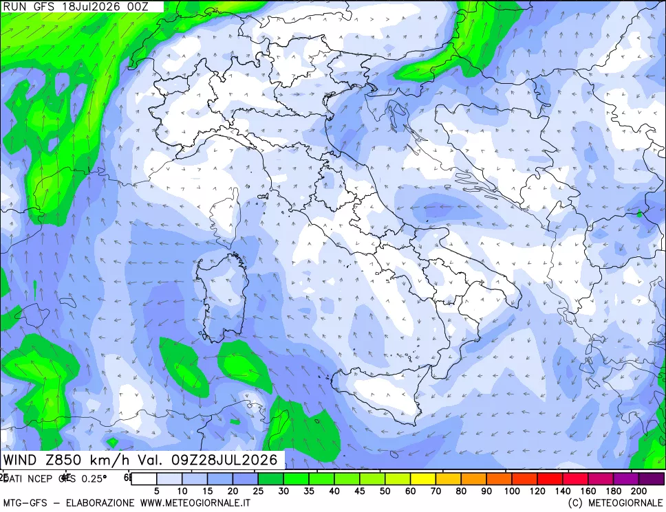 mappa 850 hPa Vento forza e direzione