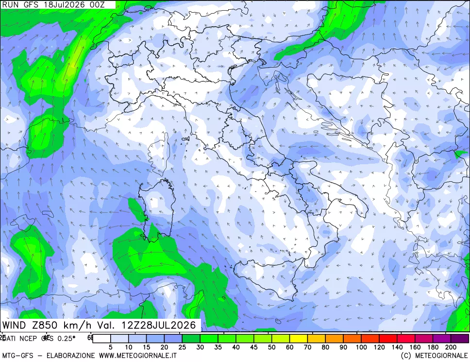 mappa 850 hPa Vento forza e direzione
